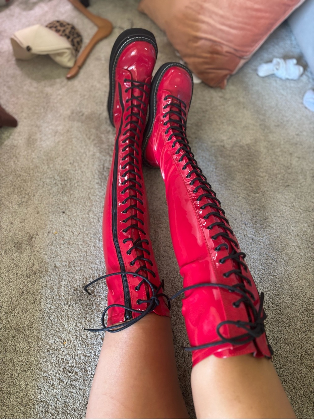 Platform Demonia Red Patent Over-the-Knee Lace-Up Boots - Picture 9 of 9